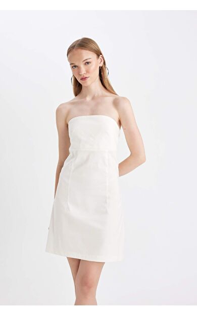 Straplez Bengalin Beyaz Mini Elbise