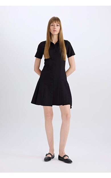 Polo Yaka Basic Düz Kısa Kollu Pileli Mini Elbise