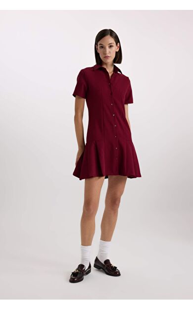 Polo Yaka Basic Düz Kısa Kollu Pileli Mini Elbise