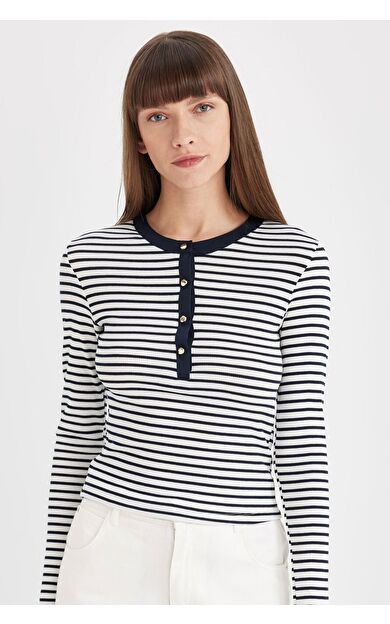 DeFacto DeFactoFit Slim Fit Bisiklet Yaka Çizgili Fitilli Kaşkorse Uzun Kollu Tişört
