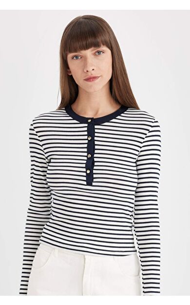 DeFactoFit Slim Fit Bisiklet Yaka Çizgili Fitilli Kaşkorse Uzun Kollu Tişört