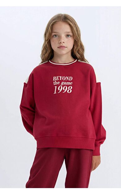 DeFacto Kız Çocuk Relax Fit Bisiklet Yaka Slogan Baskılı İçi Yumuşak Tüylü Sweatshirt D4274A824WNBR196