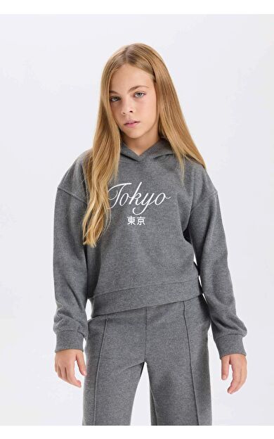 DeFacto Kız Çocuk Regular Fit Kapüşonlu Slogan Baskılı Selanik Kumaş Sweatshirt