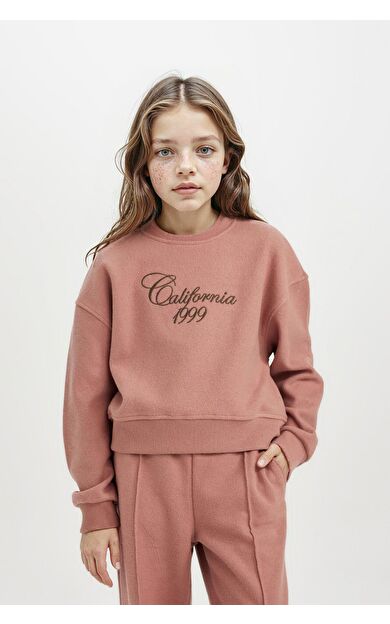 DeFacto Kız Çocuk Regular Fit Bisiklet Yaka Slogan Baskılı Selanik Kumaş Sweatshirt