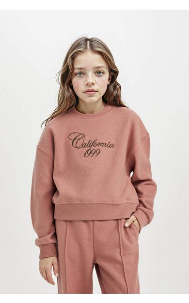 DeFacto Kız Çocuk Regular Fit Bisiklet Yaka Slogan Baskılı Selanik Kumaş Sweatshirt