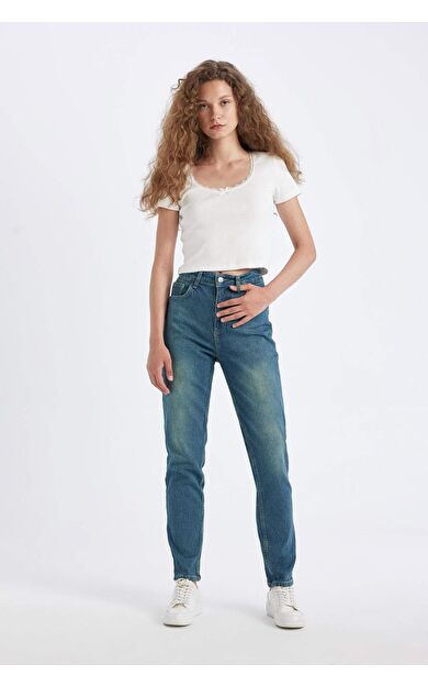 DeFacto Comfort Mom Yüksek Bel Uzun Jean Yıkamalı Pantolon