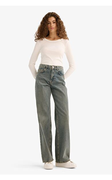 DeFacto Straight Wide Yüksek Bel Uzun Jean Yıkamalı Pantolon D4316AX25AUNM28