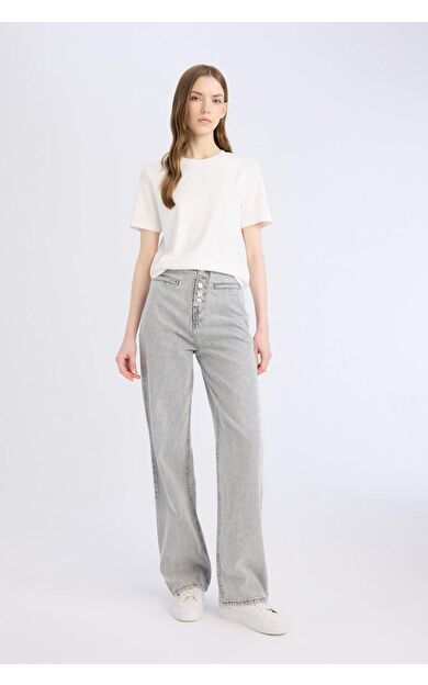 DeFacto 90's Wide Leg Geniş Kalıp Yüksek Bel Geniş Paça Uzun Jean Yıkamalı Pantolon