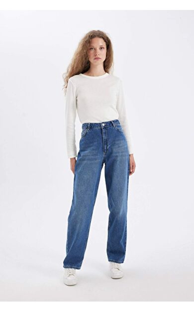 Balloon Fit Baggy Yüksek Bel Uzun Jean Yıkamalı Pantolon