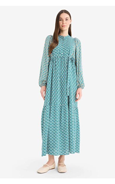 Hakim Yaka Baskılı Uzun Kollu Elbise