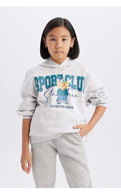 DeFacto Kız Çocuk Oversize Geniş Kalıp Kapüşonlu Baskılı Sweatshirt