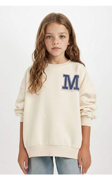 DeFacto Kız Çocuk Oversize Geniş Kalıp Bisiklet Yaka Baskılı Sweatshirt D4383A824WNER99