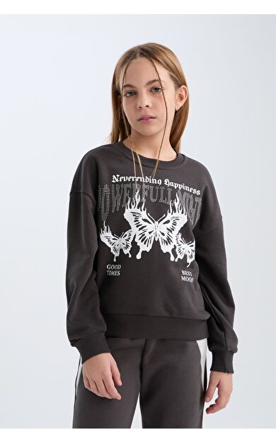 DeFacto Kız Çocuk Oversize Fit Geniş Kalıp Bisiklet Yaka Baskılı Sweatshirt D4386A824WNAR227