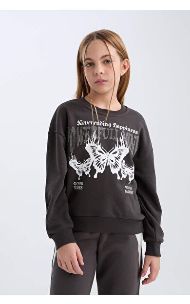 DeFacto Kız Çocuk Oversize Fit Geniş Kalıp Bisiklet Yaka Baskılı Sweatshirt D4386A824WNAR227