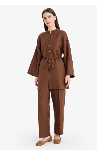 DeFacto %100 Keten Straight Fit Esnek Belli Cepli Pantolon D4388AX25SMBN333