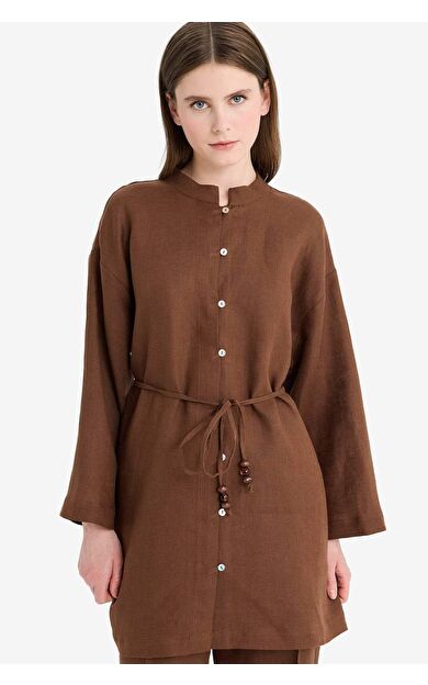 %100 Keten Regular Fit Bağcıklı Uzun Kollu Tesettür Gömlek Tunik