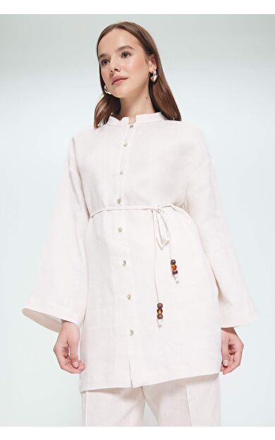 %100 Keten Regular Fit Bağcıklı Uzun Kollu Gömlek Tunik