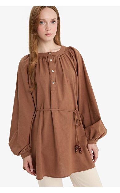 Müslin Basic Düz Bağcıklı Uzun Kollu Tunik