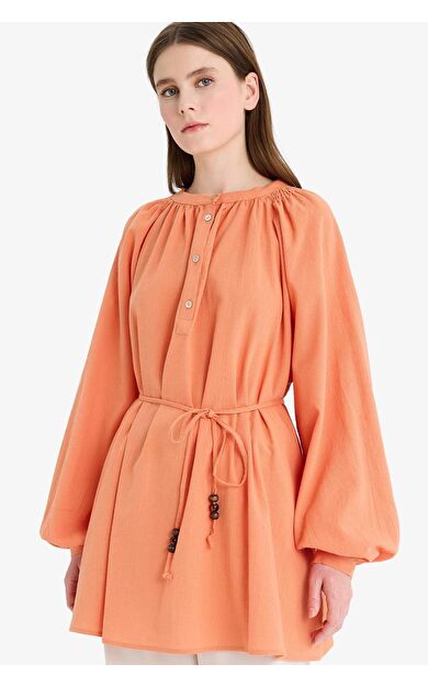 DeFacto Müslin Basic Düz Bağcıklı Uzun Kollu Tunik