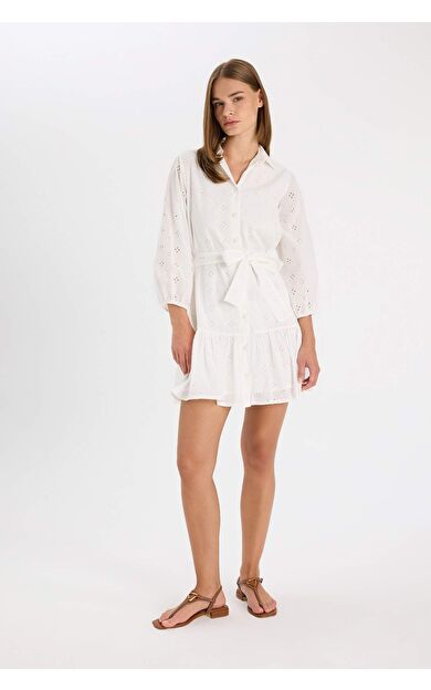 Gömlek Yaka Vual Uzun Kollu Midi Elbise