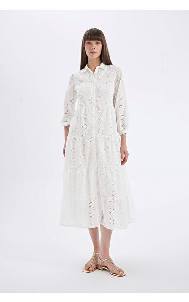 Gömlek Yaka Vual Yarım Kol Maxi Elbise