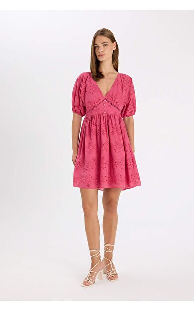 DeFacto Babydoll Kalp Yaka Vual Kısa Kollu Mini Elbise