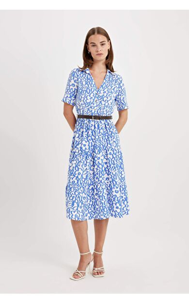 Gömlek Yaka Baskılı Kısa Kollu Maxi Elbise
