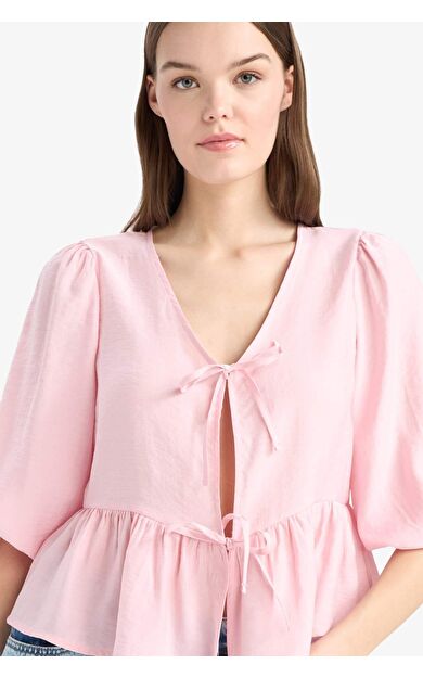 Regular Fit V Yaka Modal Önden Bağlamalı Uzun Kollu Bluz