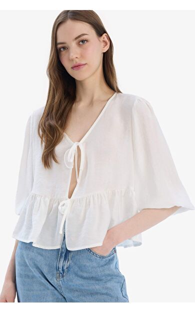 Regular Fit V Yaka Modal Önden Bağlamalı Uzun Kollu Bluz