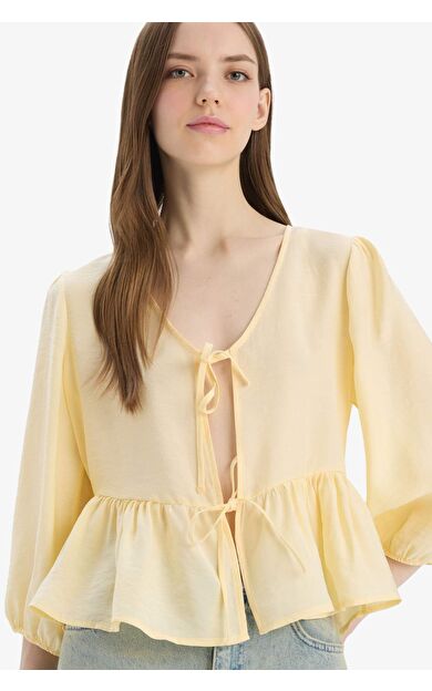 Regular Fit V Yaka Modal Önden Bağlamalı Uzun Kollu Bluz