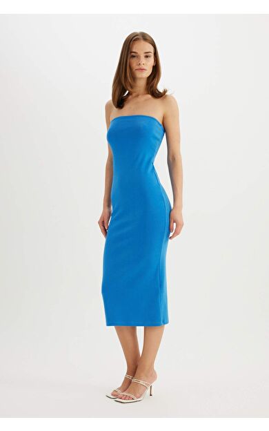 Bodycon Straplez Ribana Kolsuz Midi Elbise