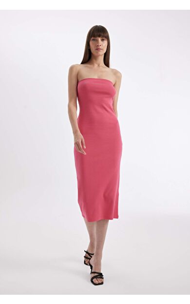 Bodycon Straplez Ribana Midi Elbise