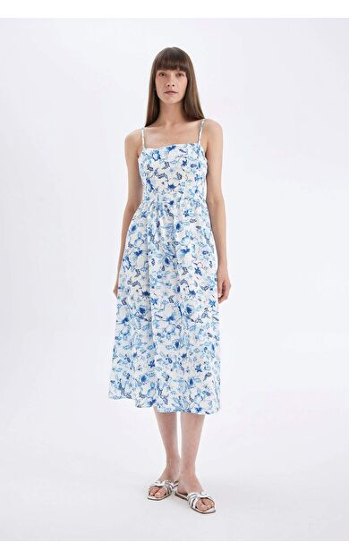 Kare Yaka Desenli Pamuklu Askılı Midi Elbise