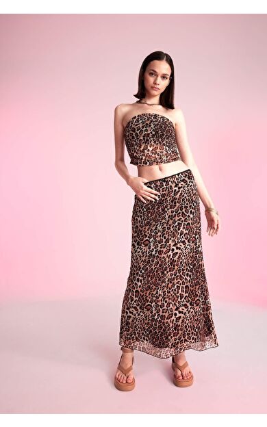 A Kesim Leopar Desenli Yüksek Bel Pamuk Astarlı Tül Maxi Etek