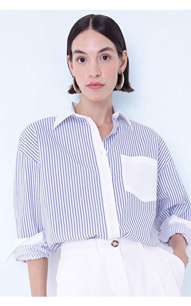 DeFacto Oversize Fit Gömlek Yaka Poplin Uzun Kollu Gömlek D4510AX24AUBE503