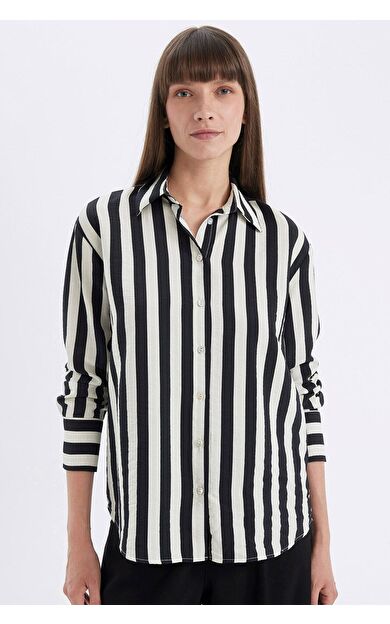 DeFacto DeFactoFit Oversize Fit Çizgili Uzun Kollu Gömlek