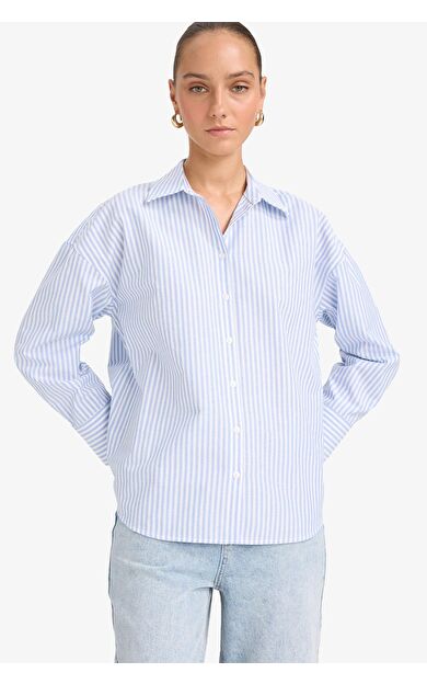 DeFacto Oversize Geniş Kalıp Gömlek Yaka Çizgili Oxford Uzun Kollu Gömlek