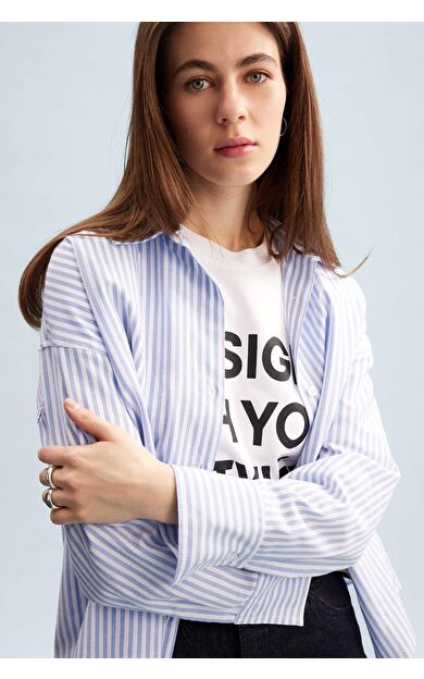 Oversize Geniş Kalıp Gömlek Yaka Çizgili Oxford Uzun Kollu Gömlek