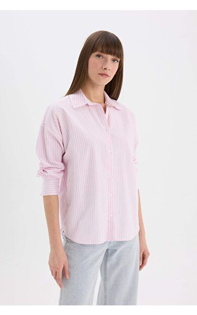Oversize Geniş Kalıp Çizgili Oxford Uzun Kollu Gömlek D4512AX25SPPN440