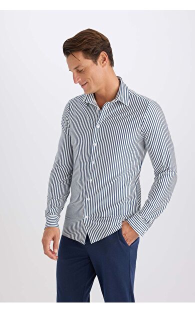 DeFacto Slim Fit Dar Kesim Polo Yaka Çizgili Uzun Kollu Gömlek