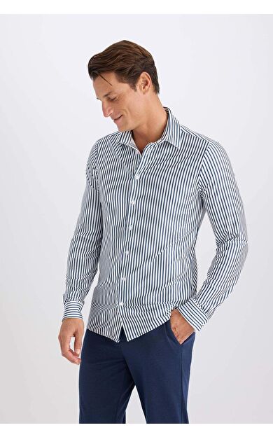 DeFacto Slim Fit Dar Kesim Polo Yaka Çizgili Uzun Kollu Gömlek