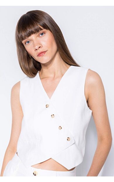 Regular Fit V Yaka Beyaz Tensel Blazer Yelek