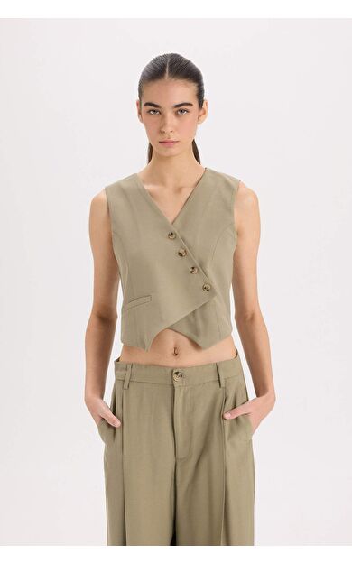 Regular Fit V Yaka Çapraz Düğme Kapamalı Tensel Blazer Yelek