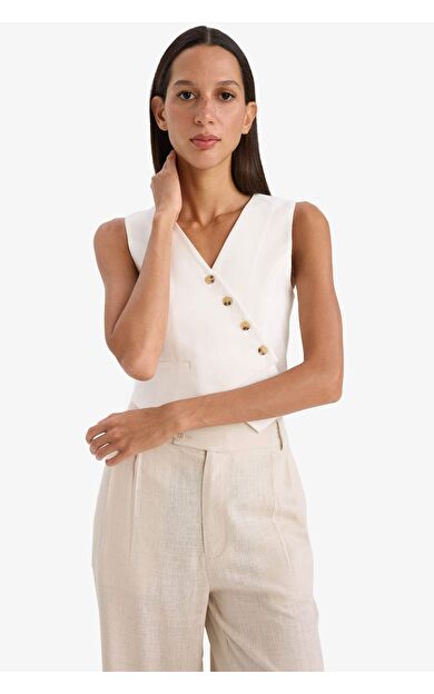 Regular Fit V Yaka Çapraz Düğme Kapamalı Tensel Blazer Yelek