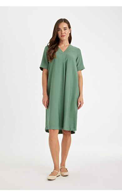 Regular Fit V Yaka Kısa Kollu Midi Elbise