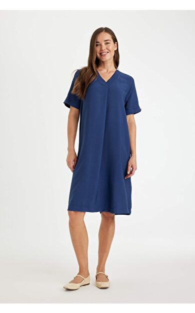 Regular Fit V Yaka Kısa Kollu Midi Elbise