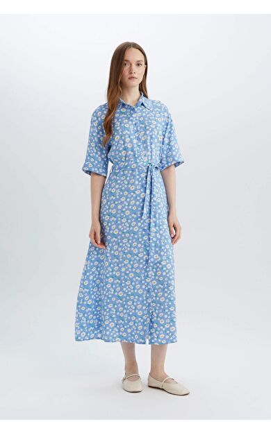 A Kesim Gömlek Yaka Çiçek Desenli Kısa Kollu Midi Elbise