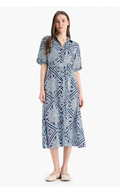 A Kesim Gömlek Yaka Baskılı Kısa Kollu Elbise