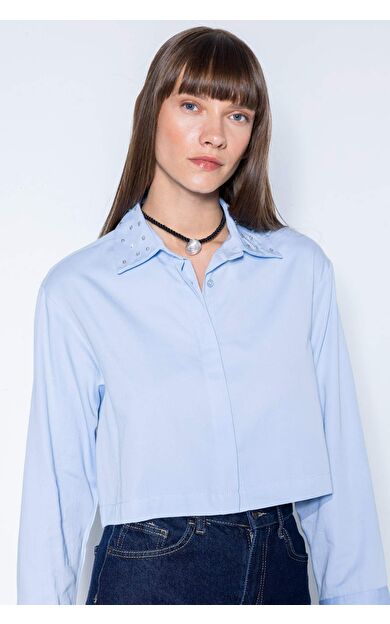 Crop Gömlek Yaka Dokuma Uzun Kollu Gömlek