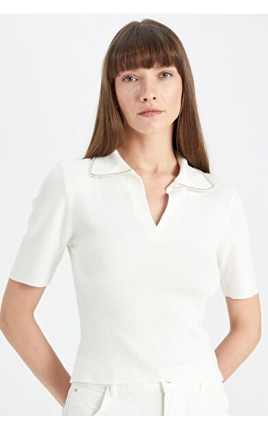 DeFacto DeFactoFit Fitted Polo Yaka Ribana Kısa Kollu Tişört